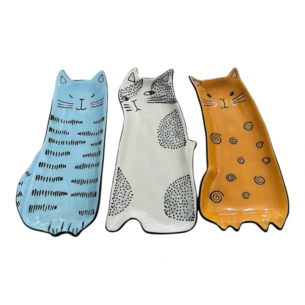 Cat Plates BICO kitten Stoneware Ceramic Cartoon White Blue Orange Cream Set 3